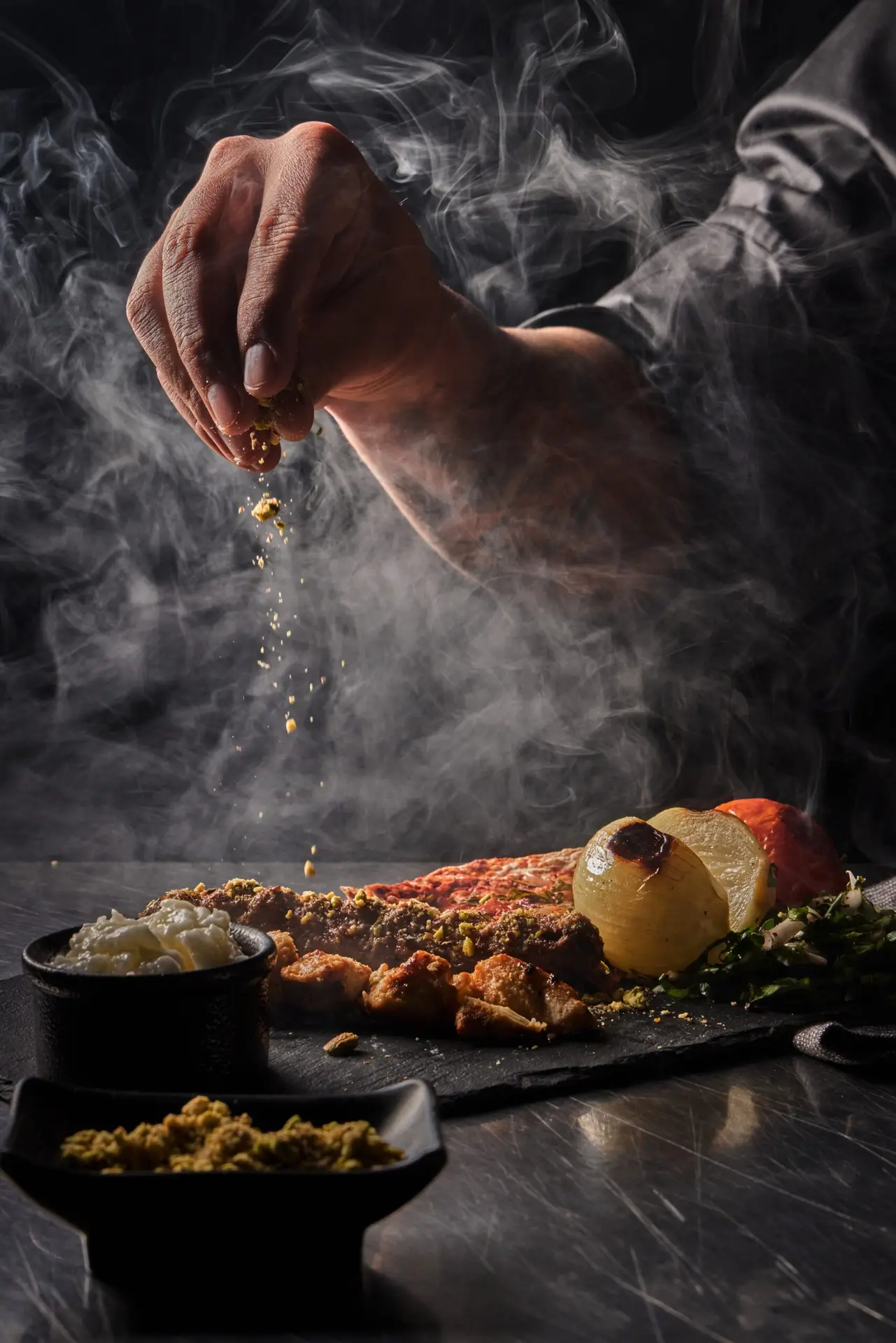 A chef sprinkling spices over a steaming kebab platter with grilled vegetables and creamy sides.